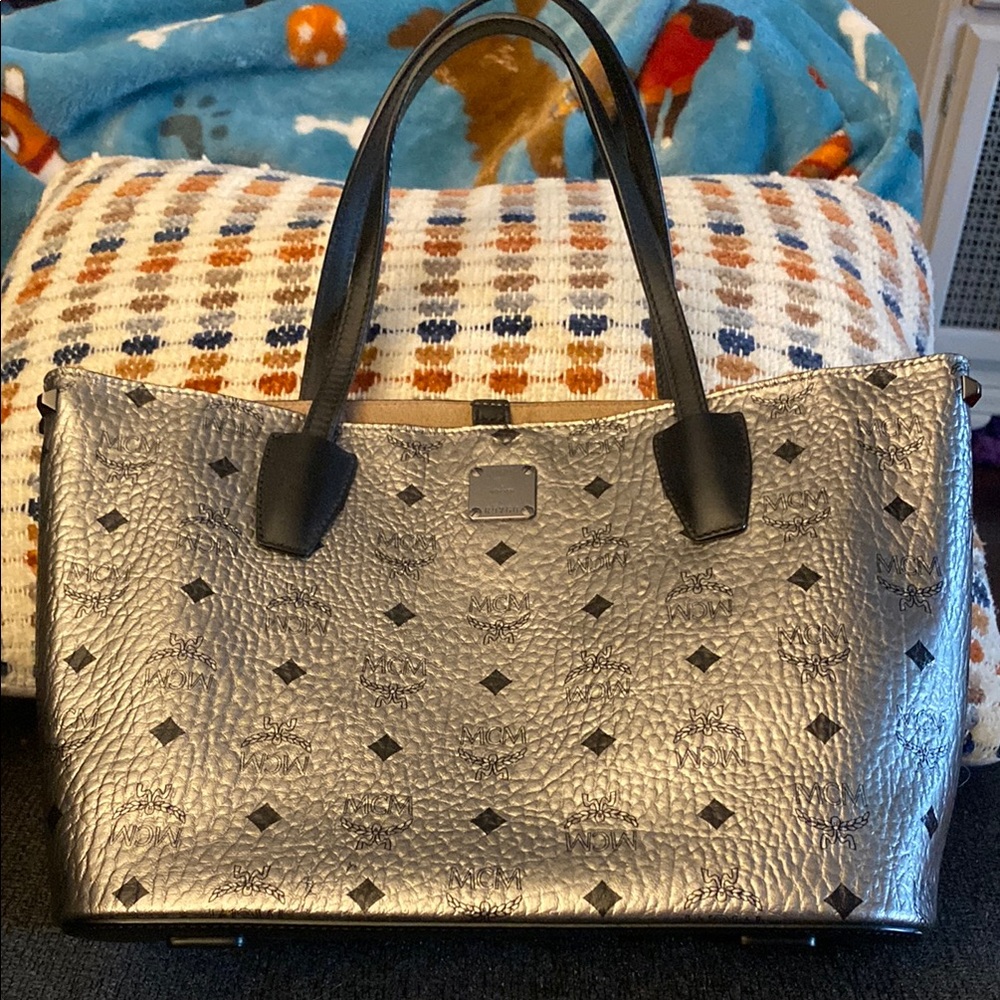 MCM Silver and Black Tote Bag with Shimmer Finish